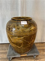 Large Chinese Dragon Carved Earthenware Planter