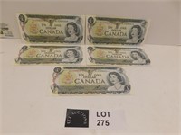 5 1973 CANADA 1 DOLLAR NOTED CROWE BOUEY SEQUENCE
