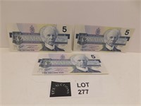3 1986 CANADA 5 DOLLAR NOTES IN SEQUENCE