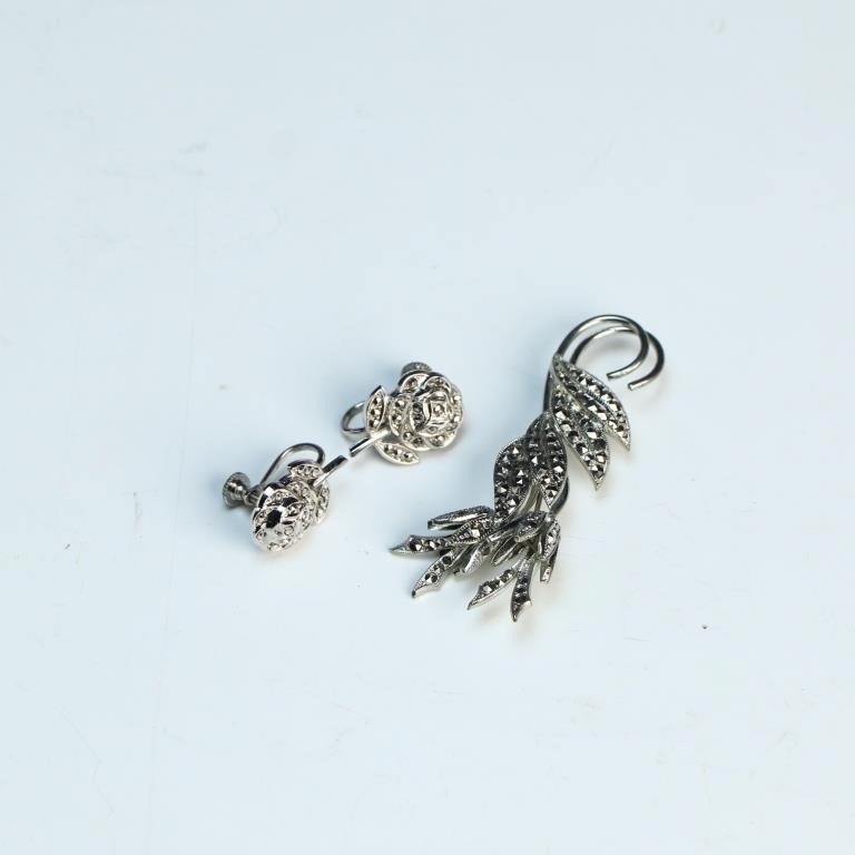 Vintage sterling silver Marcasite earrings and bro