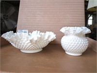 Vintage Fenton Milk Glass Hobnail ruffled 10"