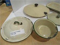 CREAM AND GREEN PORCELAIN DOUBLE BOILER TRAYS LIDS