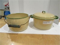 GREEN AND CREAM PORCELAIN DUTCH OVEN AND POT