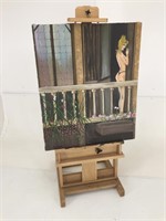 WOOD ARTIST EASEL WITH ORIGINAL PAINTING