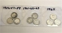 SILVER Roosevelt Dime Lot x 9 1956-1964