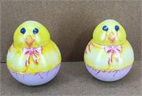 Vintage Metal Litho Chick Candy Container X2