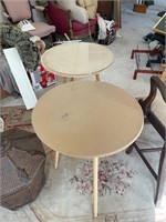 Pair of Small Round 3-Legged Wooden Tables w/