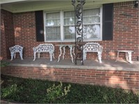 White iron 5pc patio set table, 2 benches, chair,