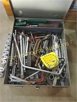Square tool box with contents, weather, wrenches