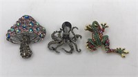3 Rhinestone Pins Brooches Frog, Mushroom, Octopus