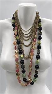 5 Fashion Long Necklaces Lot 2 Bead, 3 Goldtone