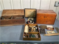Wooden Box with Contents and Antique Phone