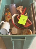 TOTE FULL OF KITCHEN WARE; DISHES & MORE
