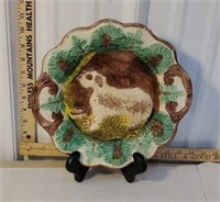 Dog pattern Majolica cake plate approx. 11" 11"