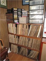 Huge Collection Vintage LPs in Wood Cabinet, Etc.