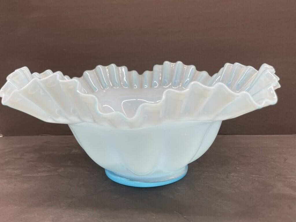 Light Blue Opalescent Ruffed Edge Bowl, 10 " D