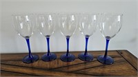 Arcoroc France Set of 5 Blue Stem Wine Glasses