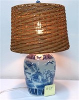 Blue Willow Side Table Lamp w/Wicker Shade