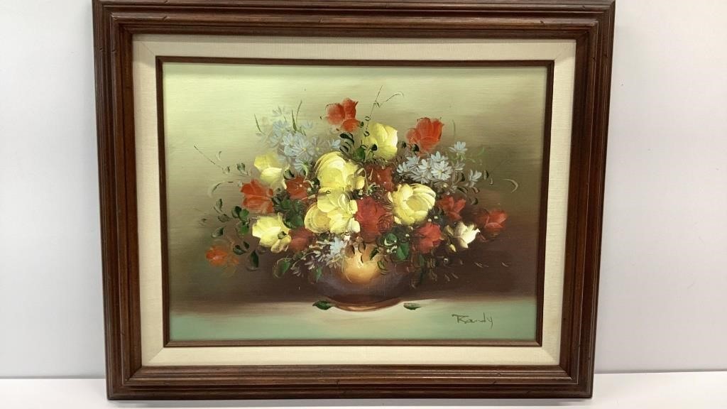 Original painting of flowers in copper pot, wood