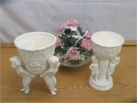 2 Lefton Cherub Vases & Bowl of Roses