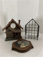 Wooden Cabin Clock, Wire Decor and Hanging Sign