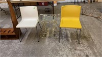 2 MID CENTURY MODERN CHAIRS, GLASS & BRASS TABLE