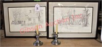 Pair of Pewter Candlesticks & Williamsburg Prints