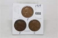 1919 P,D,S Cents-XF