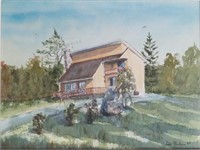MCM Architectural Cottage Watercolour, Signed