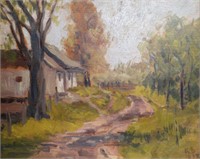 19thC Country Road Landscape, Oil on Panel