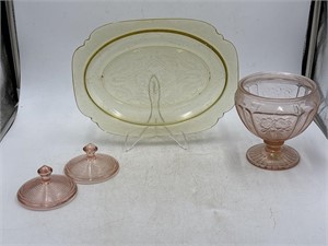 Pink depression glass candy dish, Mayfair