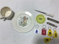 Local souvenirs, letter opener, mug with plate,