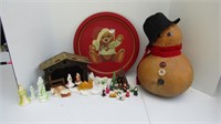 Vintage Christmas Manger, Gourd Snowman