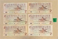 6 Bank Note Lot – Bank of Canada 1986 $2.00