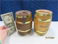 (2) Vtg 5" Barrel Wood Advertising Coin Banks
