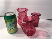 (3) Cranberry Glass Items Pitchers & Vase