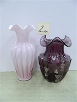 (2) Fenton Vases - (1) Art Glass Pink Swirl -