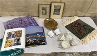 Mixed tea cups, jewelry box, framed art, mini rug