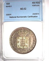 1835 400 Reis NNC MS62 Portugal