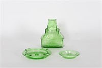 Vintage Green Glass Coin Bank & Ashtrays