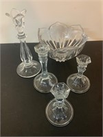 Clear glass candlesticks and bowl