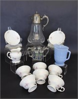 Blue Pyrex, Glass Lidded Pitcher, Cups & Saucers