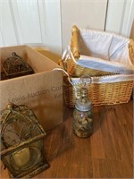 2 box lot lanterns, blue mason jar that has been