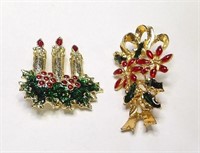 2 Vintage Christmas Pins - Poinsettias & Candles