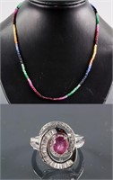 Set of Ruby Ring & Multi-Gem Necklace