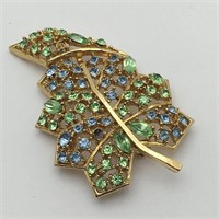 Blue & Green Rhinestone Goldtone Leaf Brooch