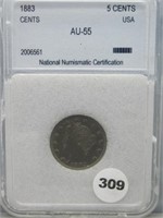 1883 Nickel with Cents. Graded AU-55.