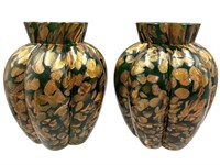 2 Murano Malachite Glass & Gold Style Vases