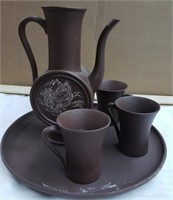 5 Piece Brown Clay Set - no lid on tea pot