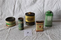 5 EARLY TINS - MOTHICIDE, MIONE, BAND-AIDE, MENNE
